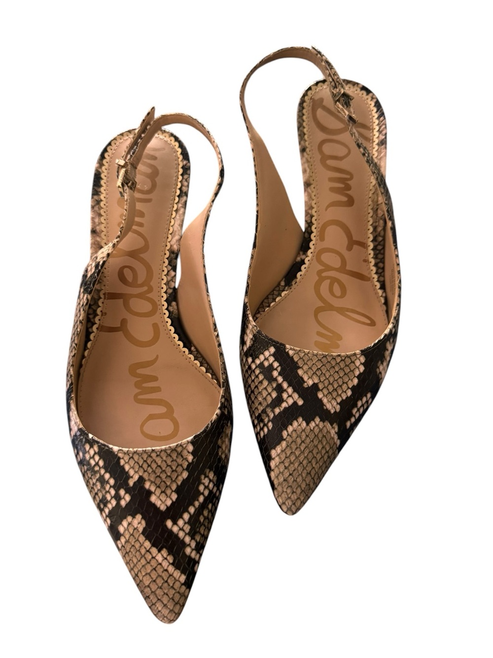 Sam Edelman Beige and Black Snake-Print Pointed Slingback Heels